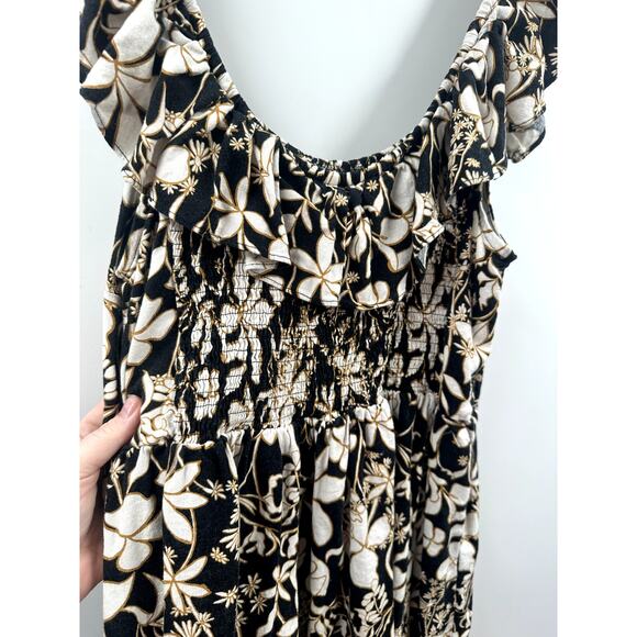 Ava & Viv 1X Black and Tan Floral Linen Blend Midi Ruffle Dress - Picture 6 of 8